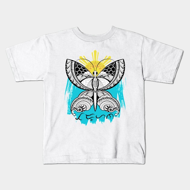 Tribal line Art Butterfly / Baybayin word Tadhana (Destiny) Kids T-Shirt by Pirma Pinas